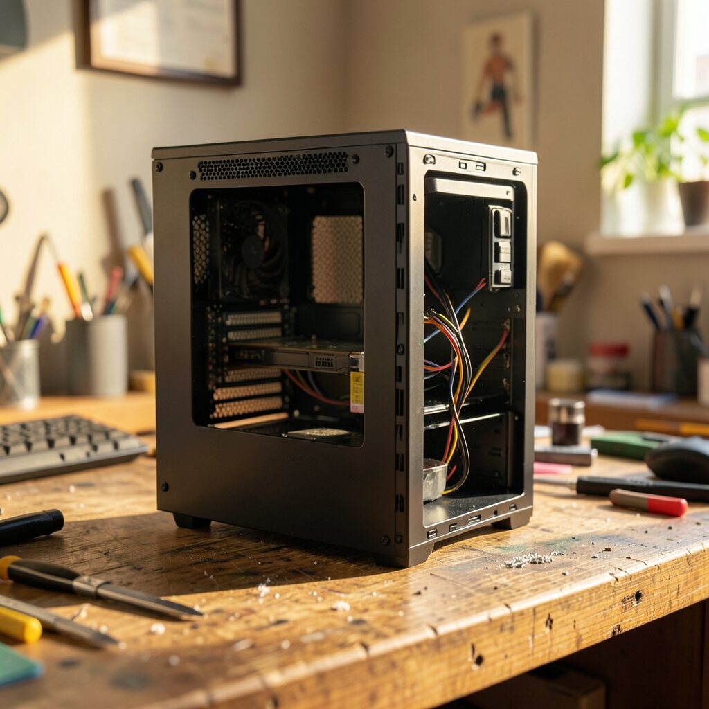 FLUX.2 klein 4B on the M3 Ultra: A cutaway illustration of a desktop computer on a workbench, warm afternoon light, fine mechanical detail, shallow depth of field