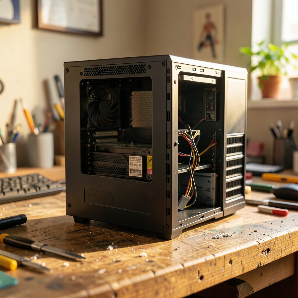 FLUX.2 klein 4B on the M5 Ultra: A cutaway illustration of a desktop computer on a workbench, warm afternoon light, fine mechanical detail, shallow depth of field