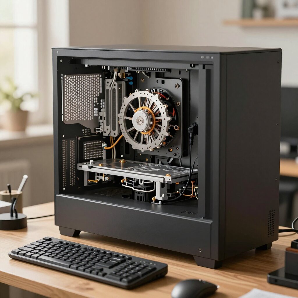 Z-Image Turbo on the M5 Ultra: A cutaway illustration of a desktop computer on a workbench, warm afternoon light, fine mechanical detail, shallow depth of field