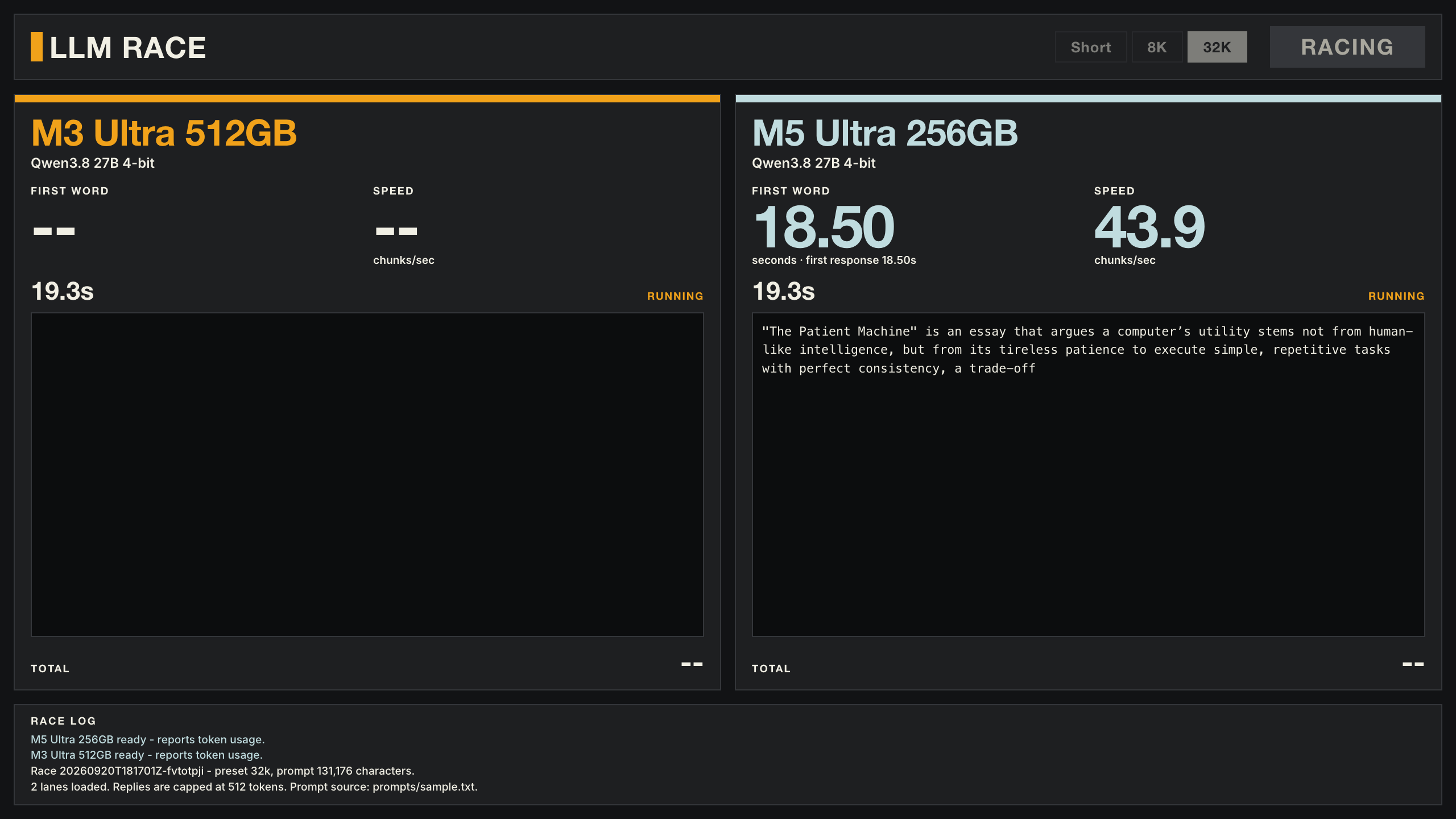 The race page during a 32K-prompt race: the M5 Ultra is already writing while the M3 Ultra is still reading the prompt